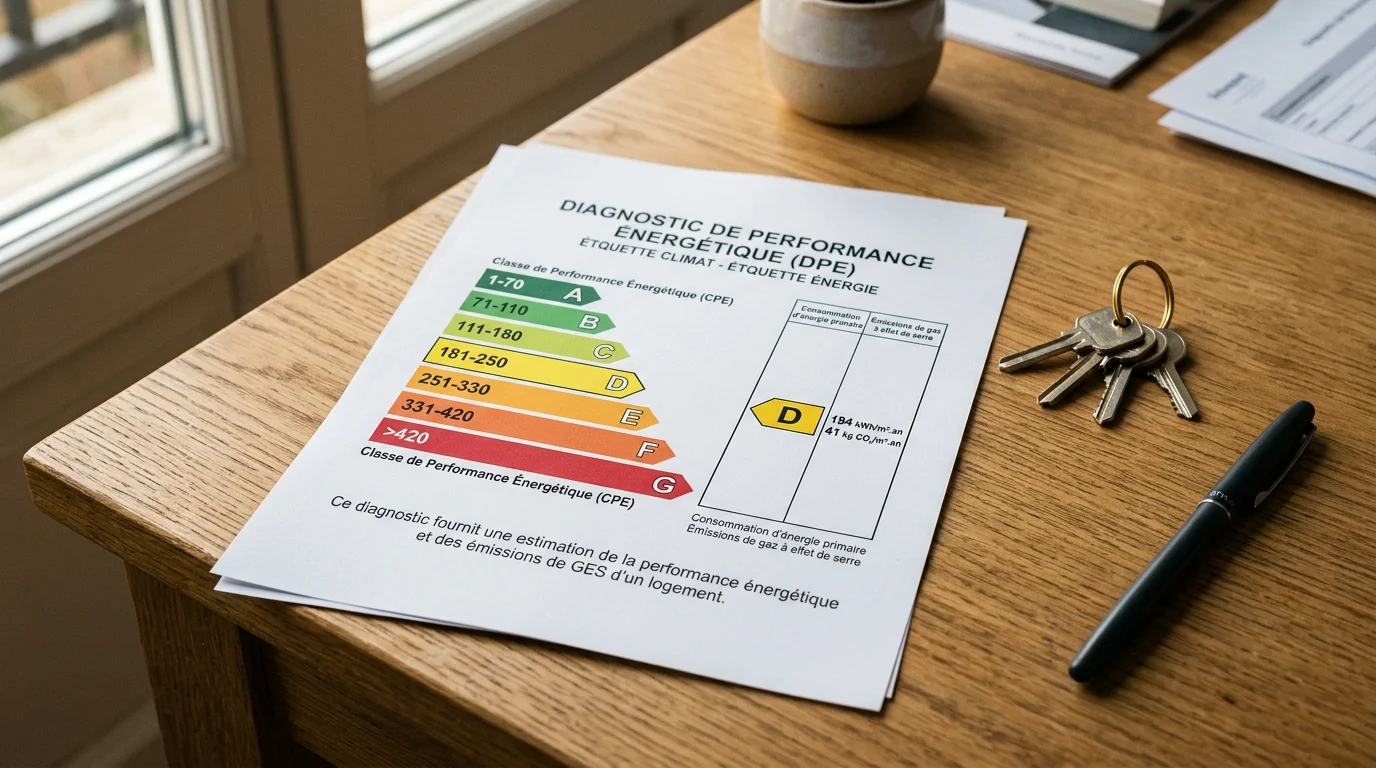 Étiquette DPE avec les classes énergétiques de A à G posée sur un bureau
