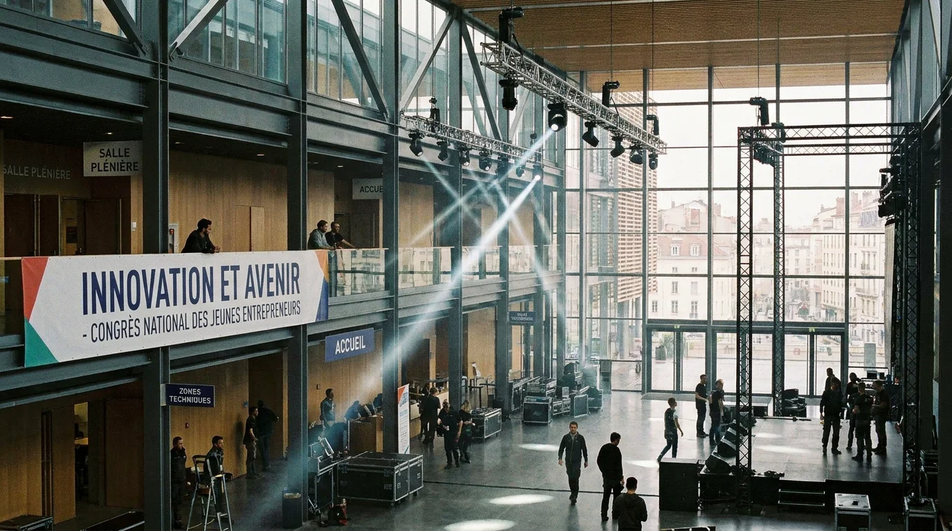 Équipe de jeunes professionnels préparant un événement dans un centre de congrès en France