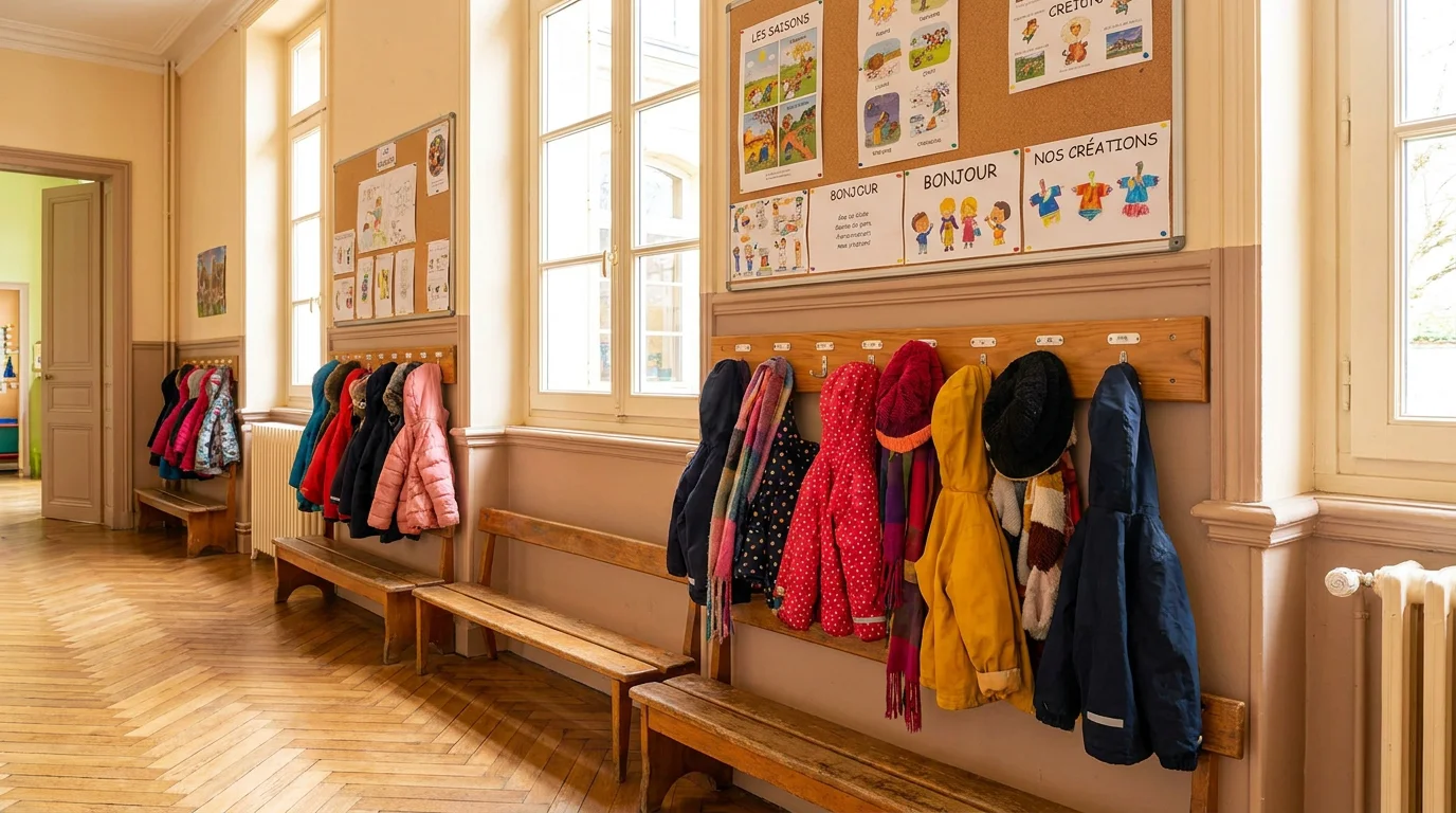 Couloir de maternelle française avec porte-manteaux en bois adaptés aux enfants de grande section