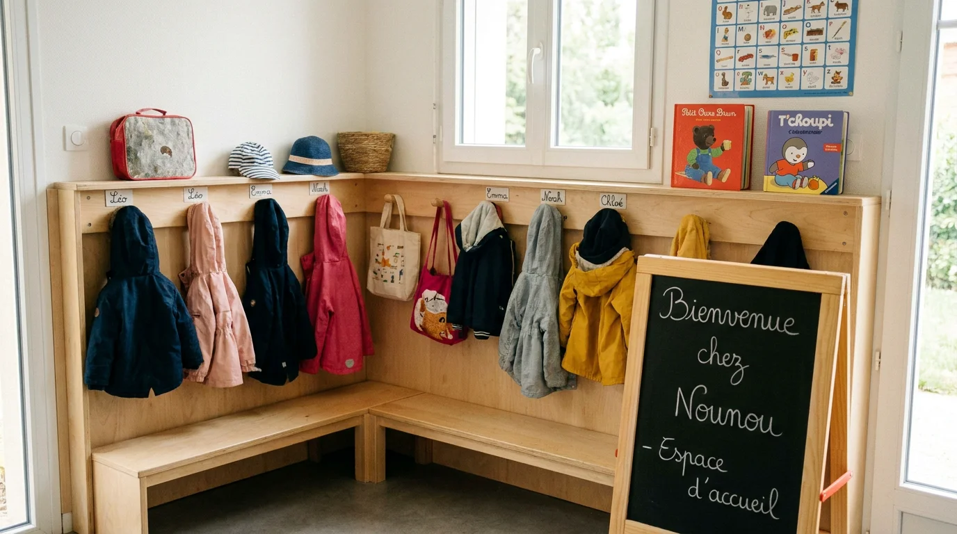 Espace vestiaire aménagé chez une assistante maternelle avec porte-manteau en bois adapté