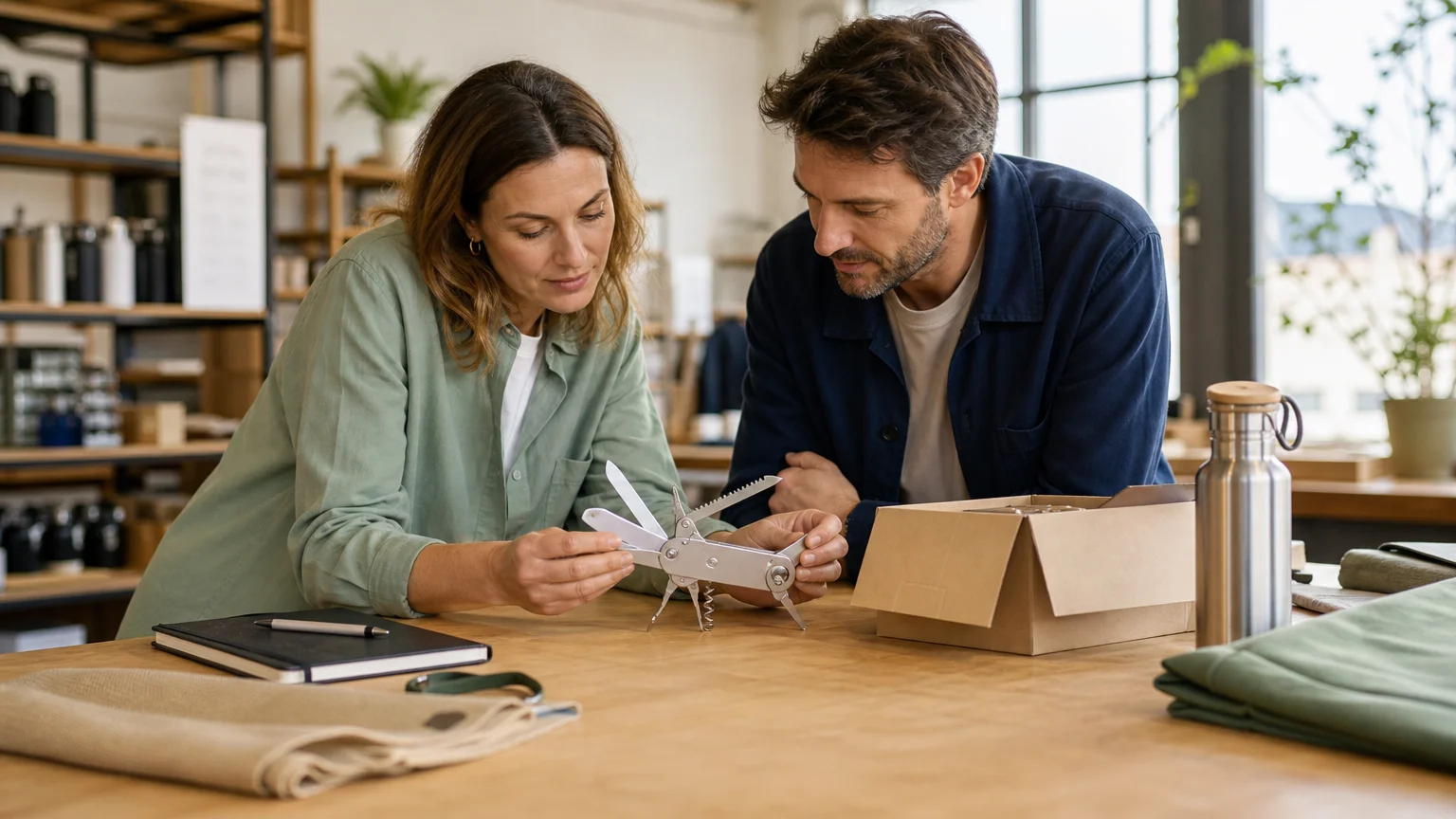 Professionnels examinant un outil multifonction publicitaire dans un atelier