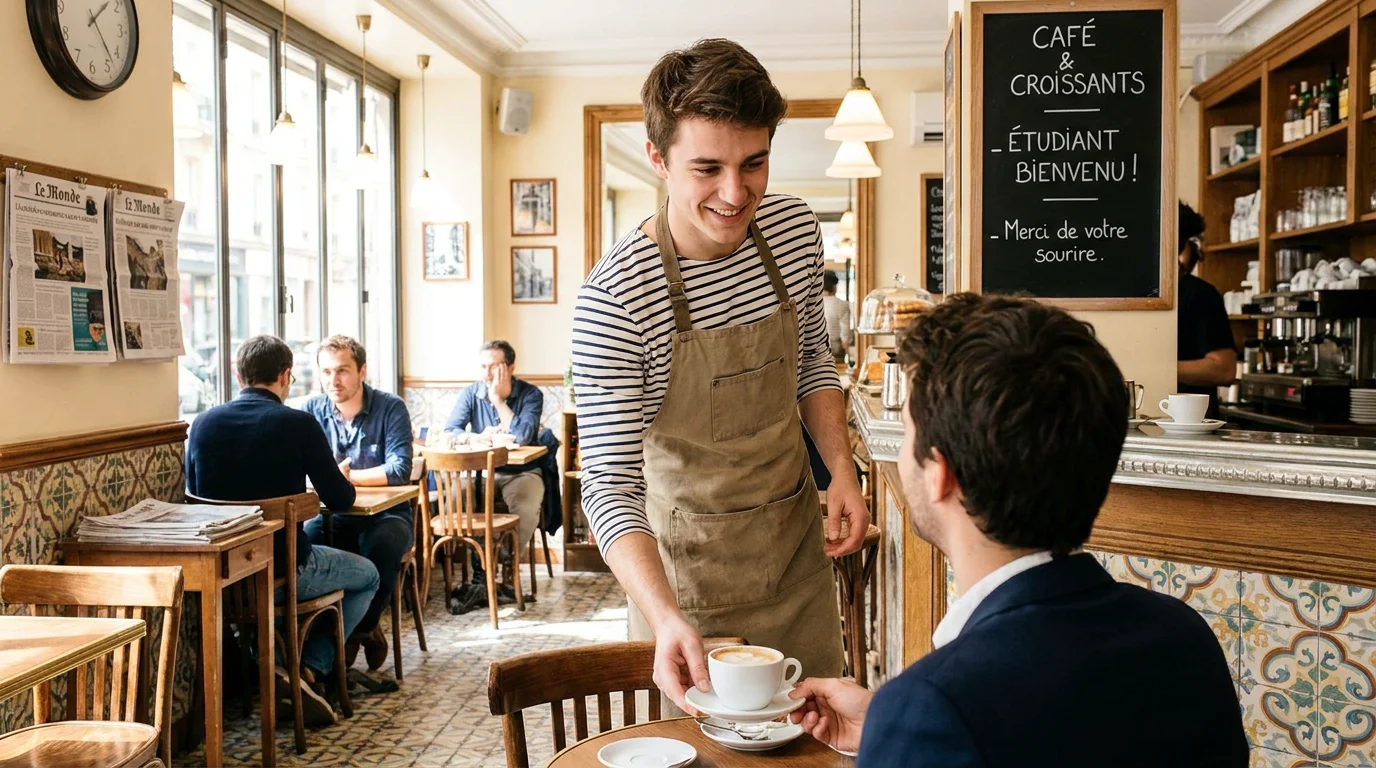 Étudiant travaillant comme serveur dans un café en France