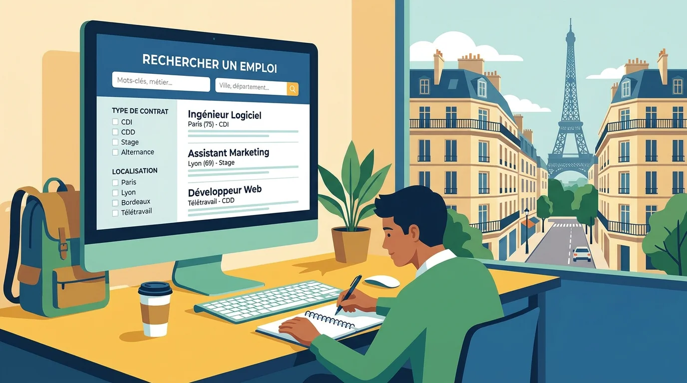 Étudiant effectuant une recherche d'emploi en ligne avec des filtres par contrat