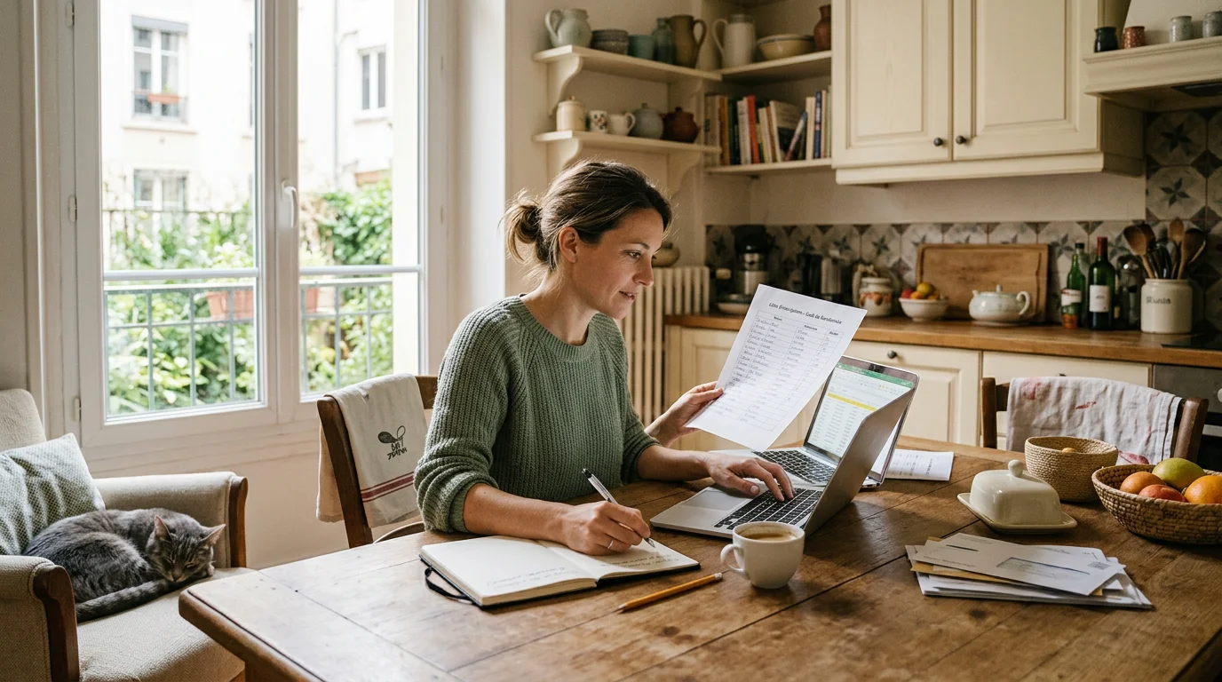 Un parent consulte une liste d'assistants maternels sur papier et sur ordinateur