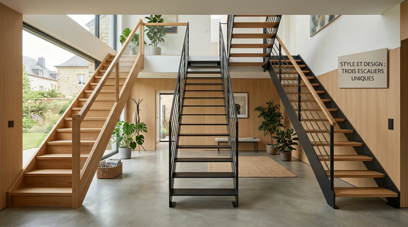 Comparaison d'un escalier en bois, en m&eacute;tal et mixte dans un int&eacute;rieur lumineux