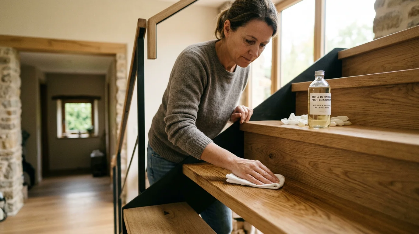 Entretien d'un escalier en bois avec application d'une finition huil&eacute;e