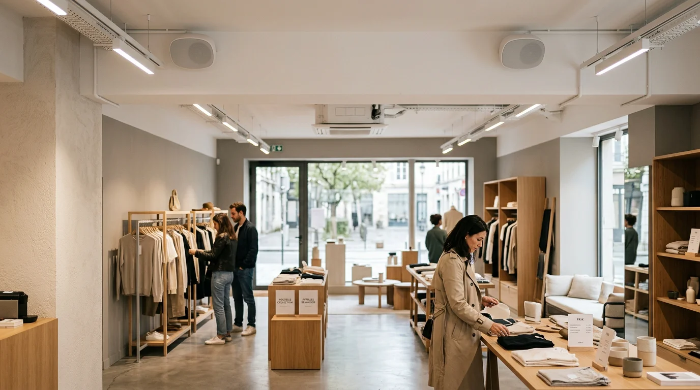 Enceintes de plafond diffusant une sonorisation d'ambiance dans un magasin