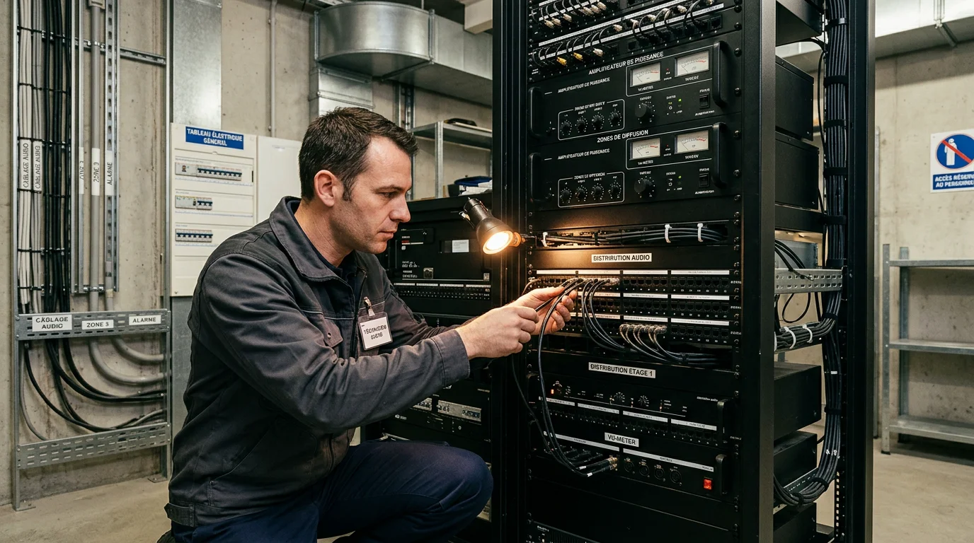 Technicien réglant un amplificateur ligne 100 volts pour une installation professionnelle