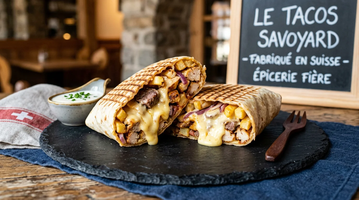 Tacos à la française coupé en deux montrant la sauce fromagère, la viande et les frites