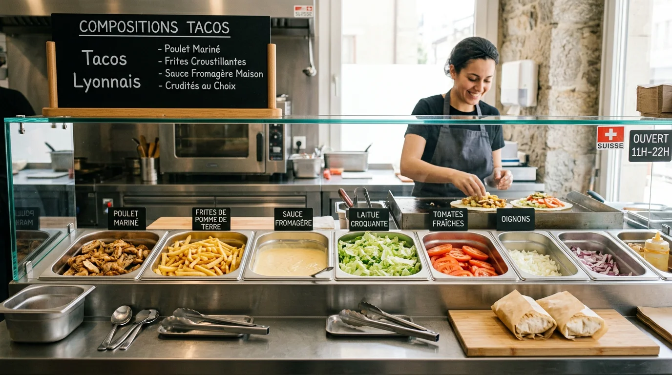 Comptoir de préparation avec ingrédients frais pour composer un tacos sur mesure