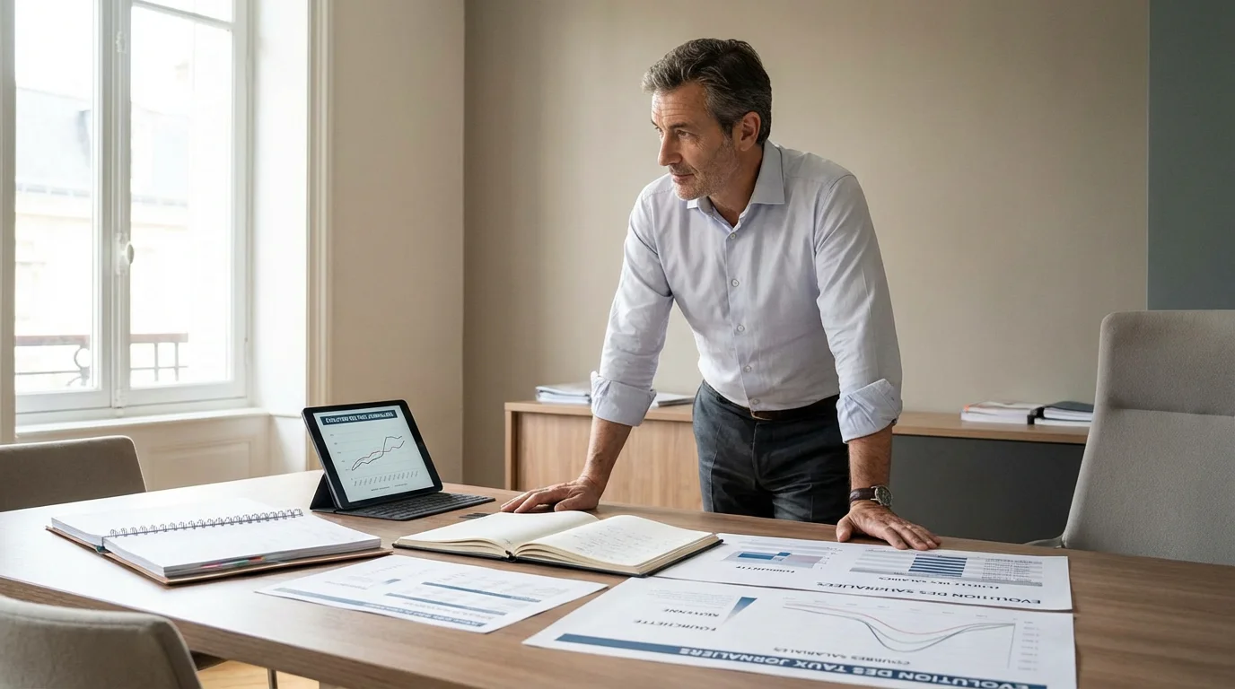 Manager de transition analysant des grilles tarifaires dans un bureau moderne