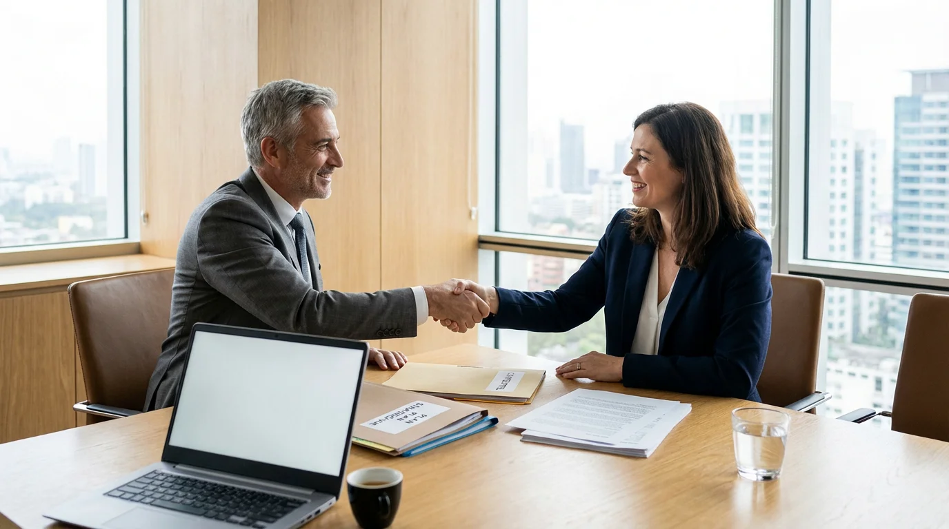 Manager de transition concluant un accord avec une entreprise cliente