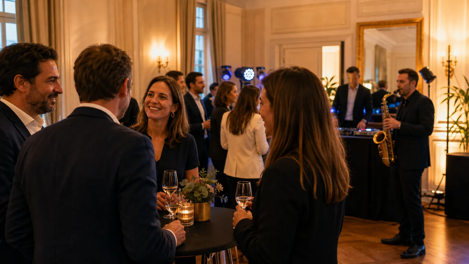 Collaborateurs échangeant pendant une soirée d’entreprise avec animation musicale