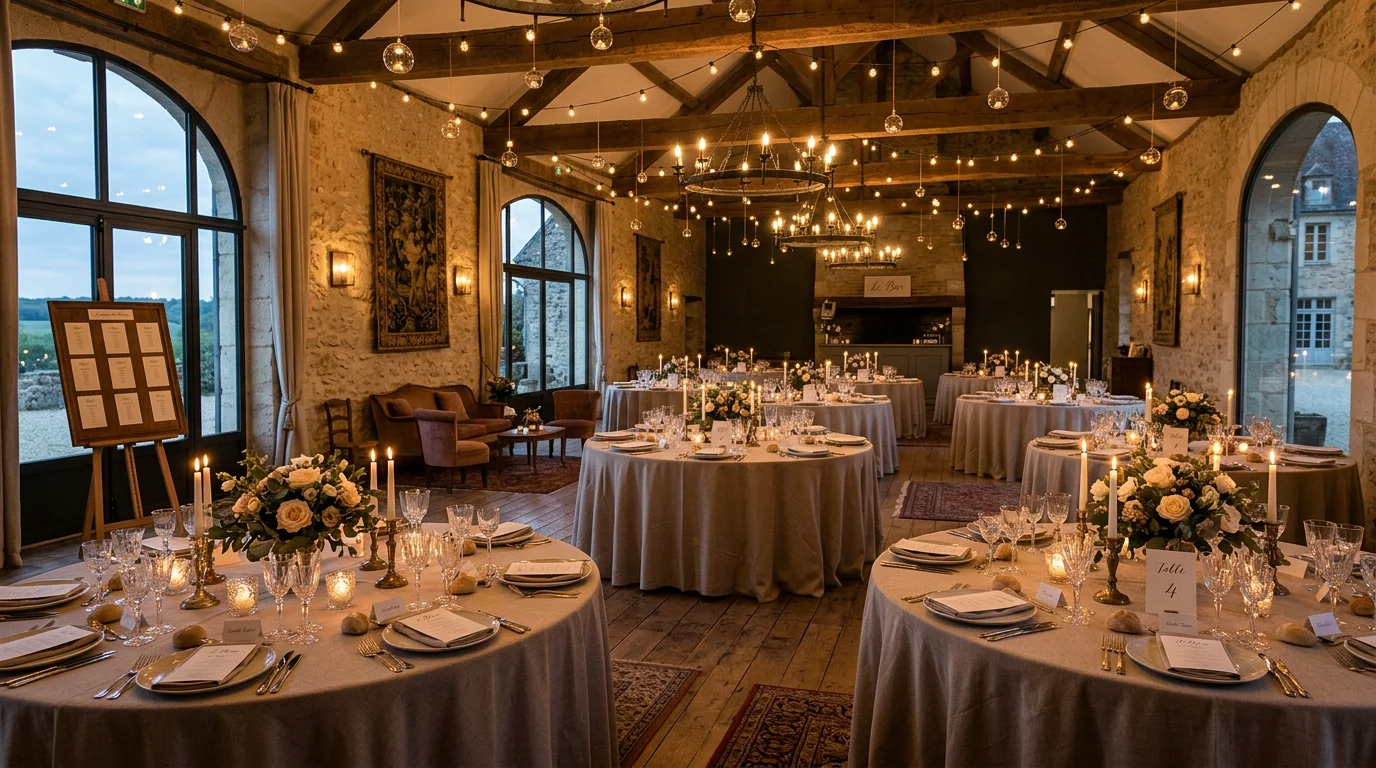 Salle de réception de mariage éclairée par des lumières chaudes et des guirlandes