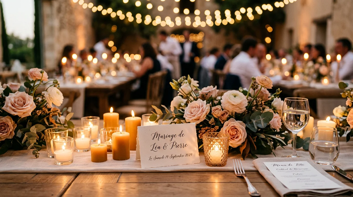 Détail d'une table de mariage avec lumière blanche chaude et bougies
