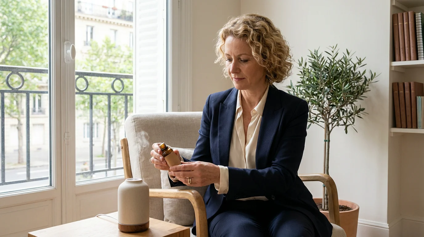 Thérapeute holistique européenne préparant un ancrage olfactif en cabinet