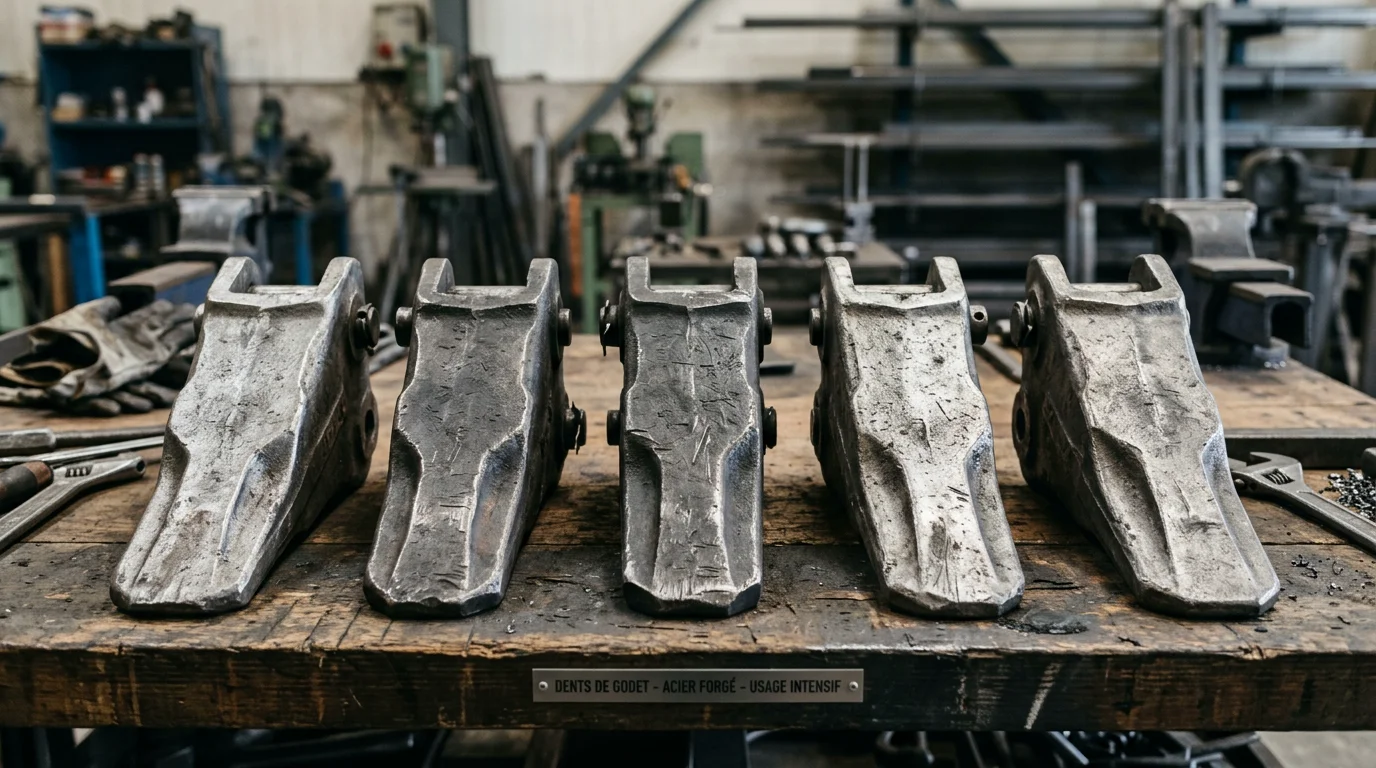 Dents de godet en acier forgé alignées sur un établi d'atelier