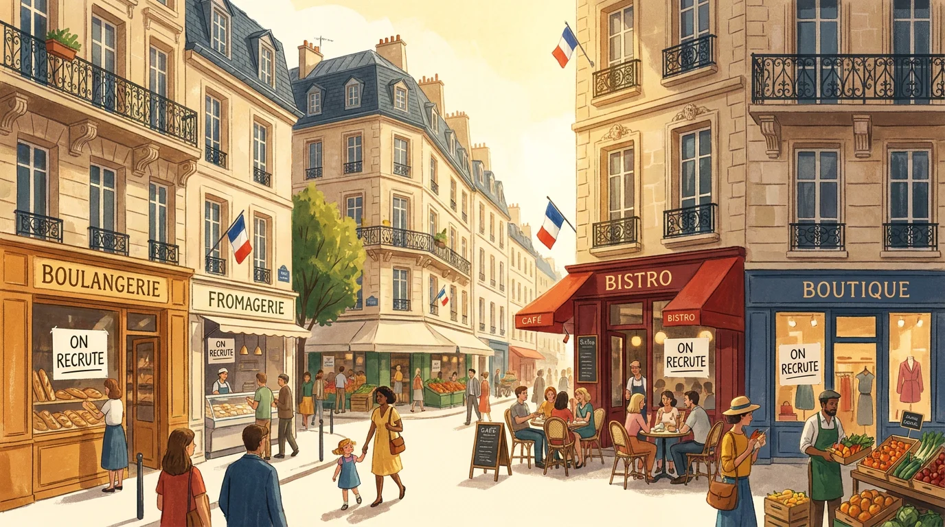 Rue commerçante française en été avec des affiches de recrutement saisonnier