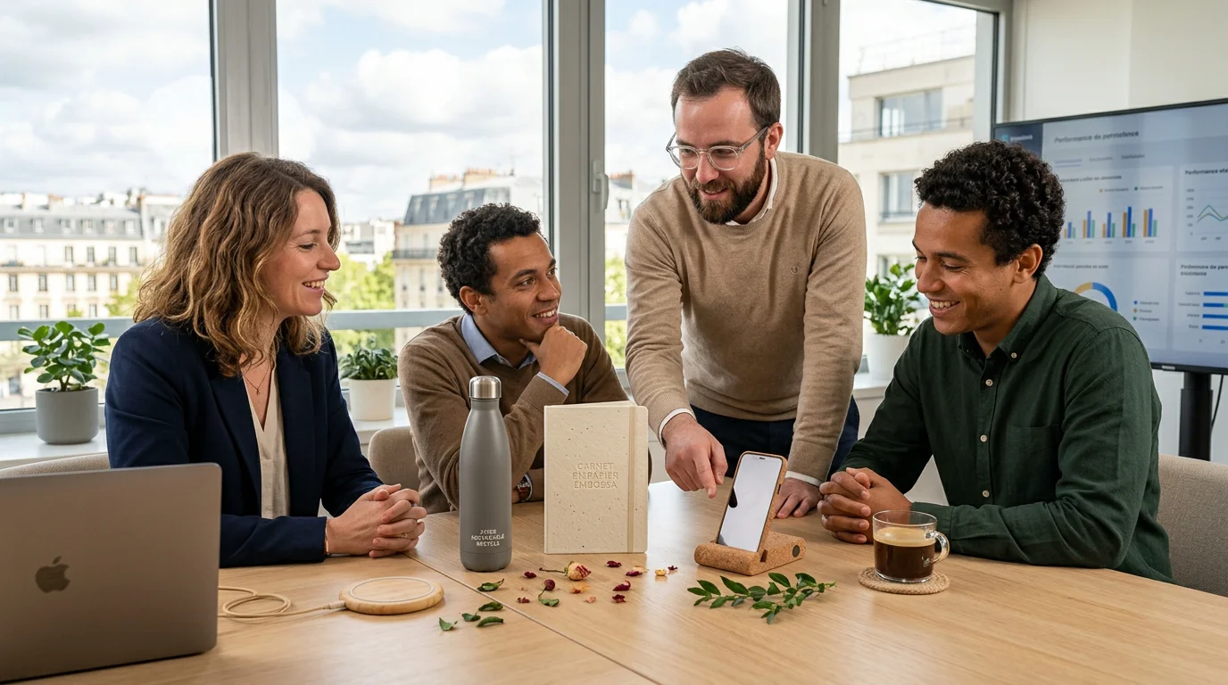 Équipe marketing européenne examinant des objets publicitaires innovants et durables sur une table de bureau