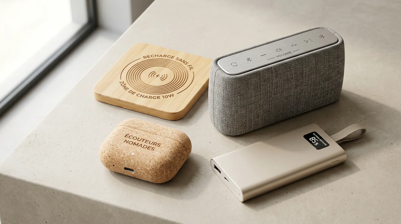 Objets publicitaires high-tech innovants comme chargeur à induction et enceinte nomade en matériaux durables
