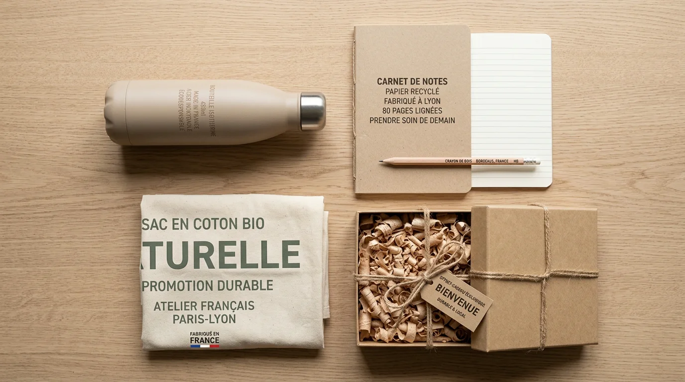 Objets publicitaires fabriqués en France disposés sur un bureau en bois clair