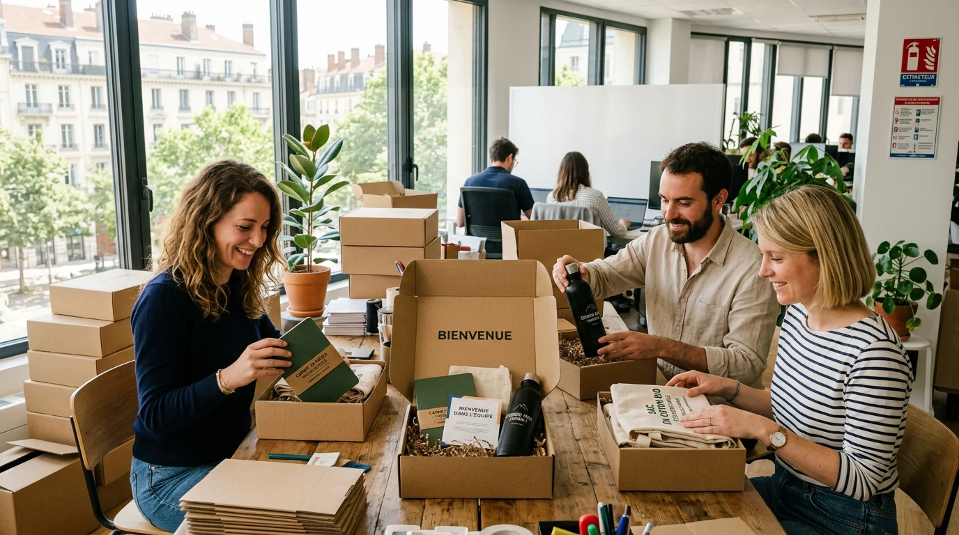 Équipe marketing préparant des welcome packs avec des objets publicitaires français