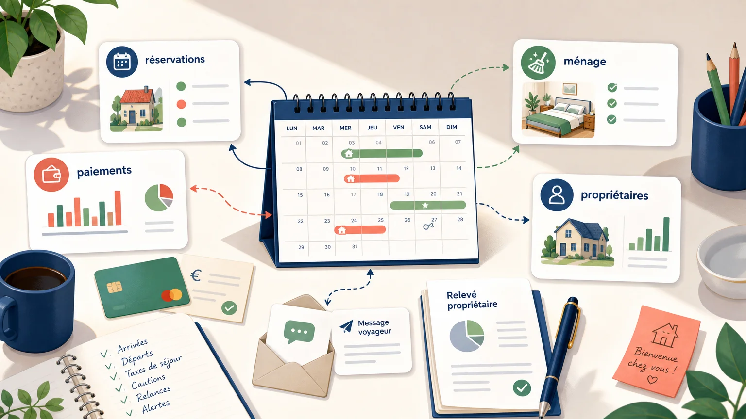 Illustration d’un channel manager centralisant réservations, paiements, ménages et relevés propriétaires