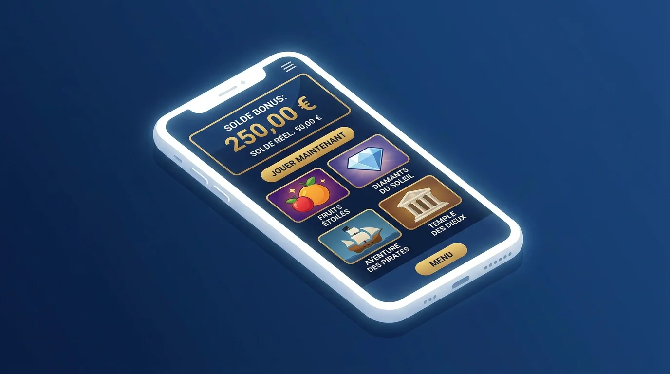 Interface mobile d'un casino en ligne affichant un bonus sans dépôt en euros