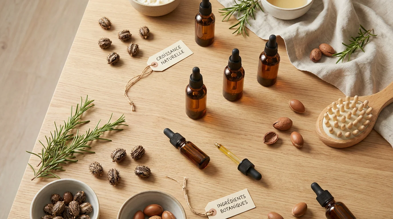 Ingrédients naturels pour activer la pousse des cheveux : huiles végétales, romarin et brosse de massage