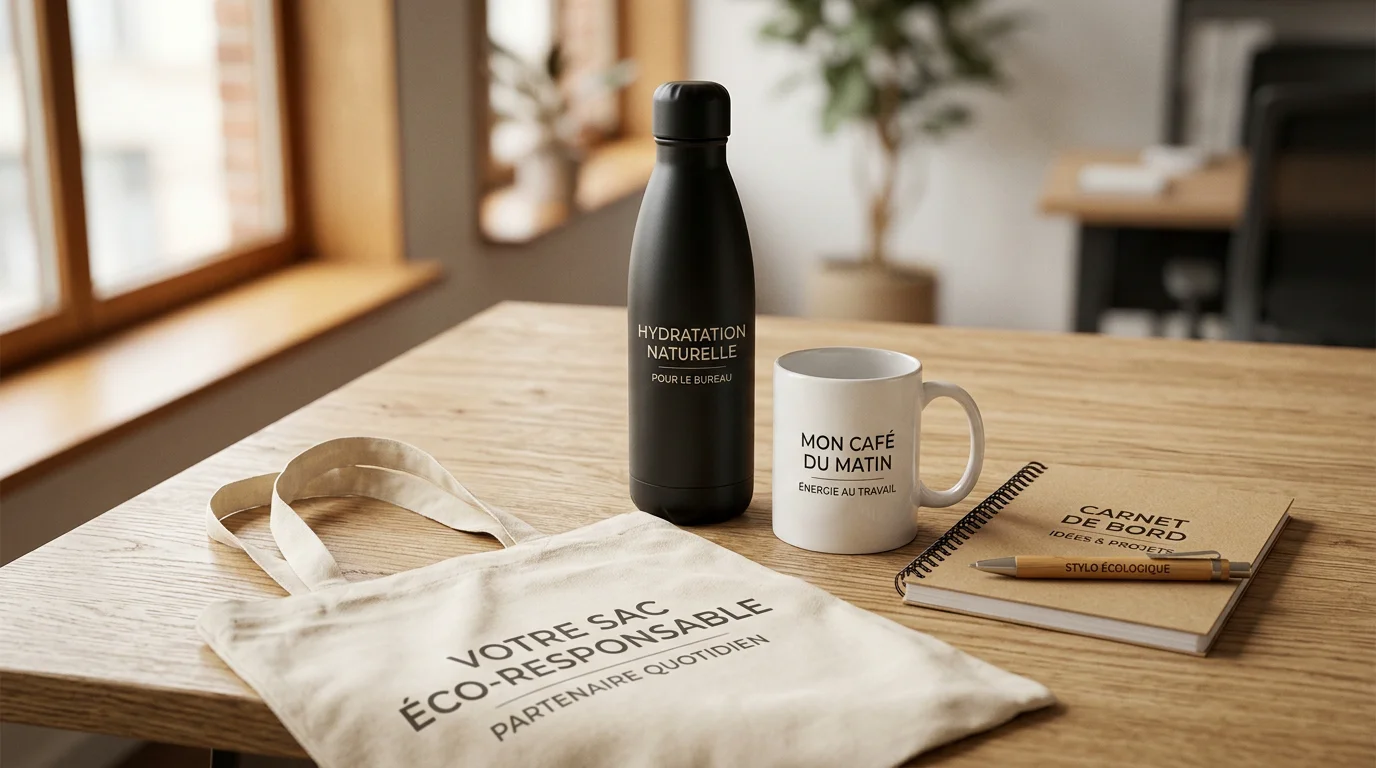 Sélection d'objets publicitaires éco-conçus posés sur un bureau clair