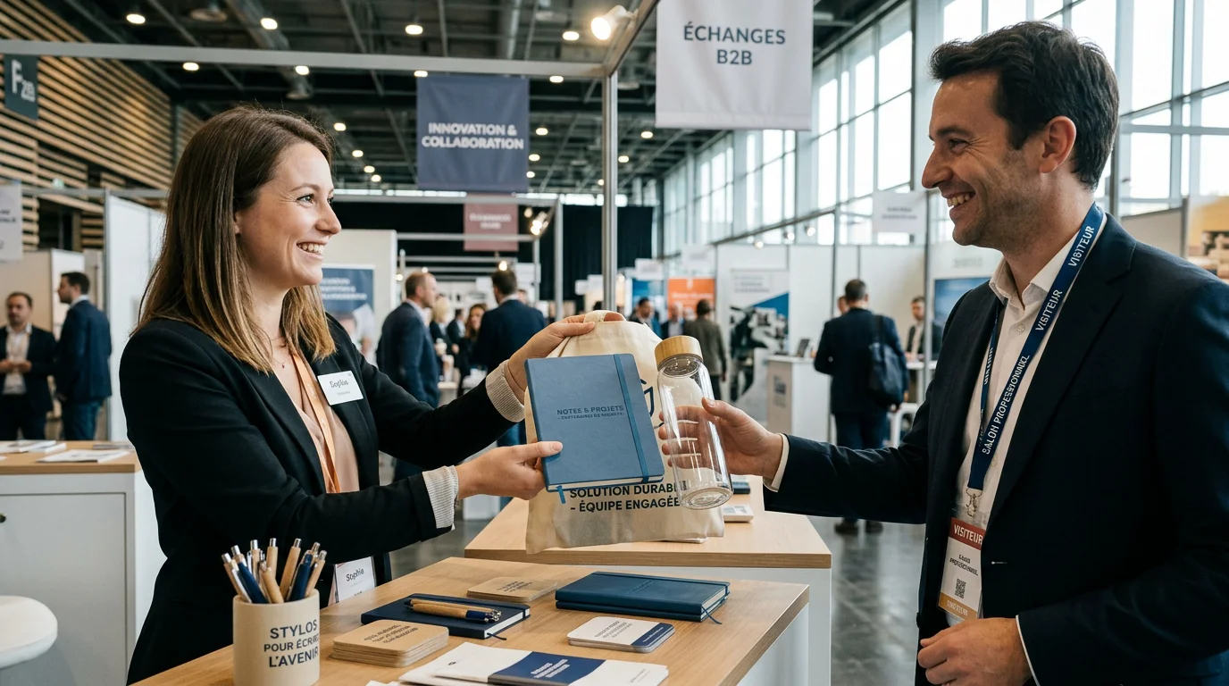 Distribution de goodies personnalisés sur un stand de salon professionnel
