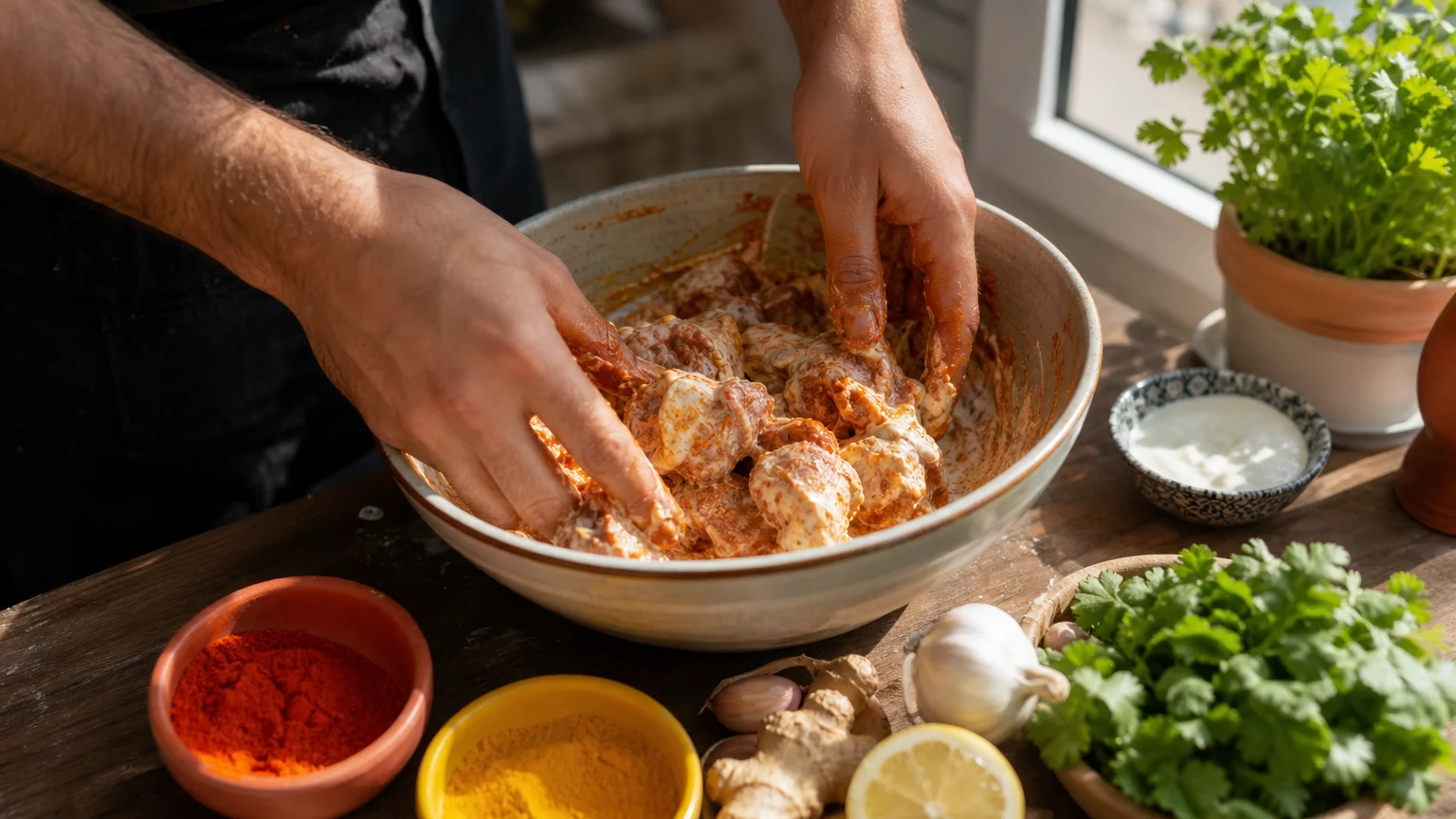 Préparation d’une marinade au yaourt et aux épices pour poulet tandoori