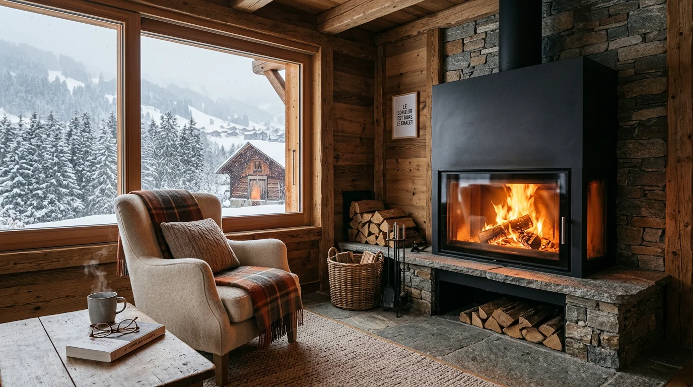 Cheminée à bois moderne allumée dans un intérieur suisse en hiver