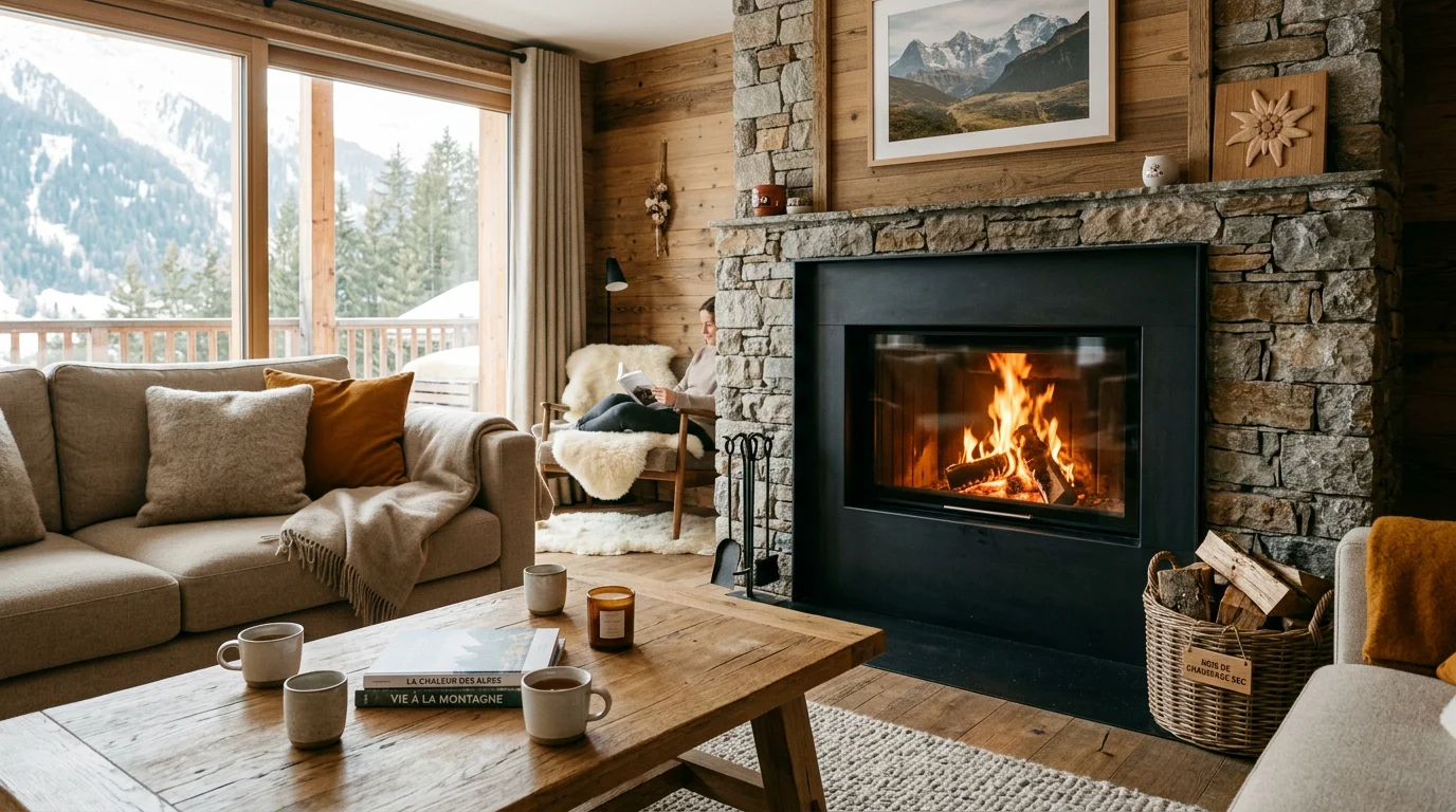 Salon suisse avec une cheminée à bois installée à distance de sécurité des meubles
