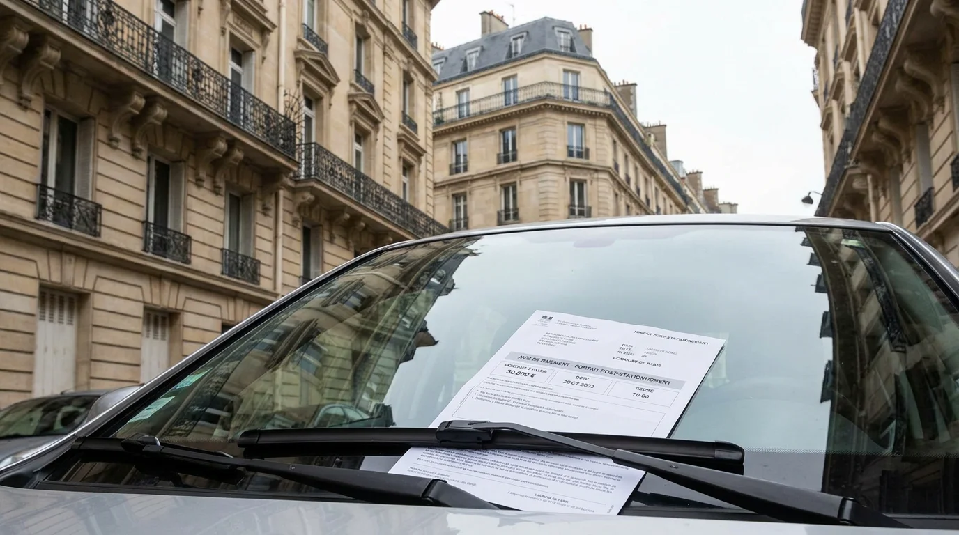 Avis de paiement de forfait post-stationnement sur le pare-brise d'une voiture en France