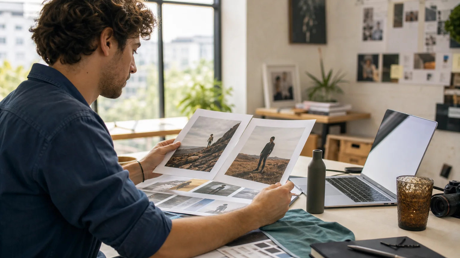 Creative professional comparing AI-generated image concepts at a studio desk