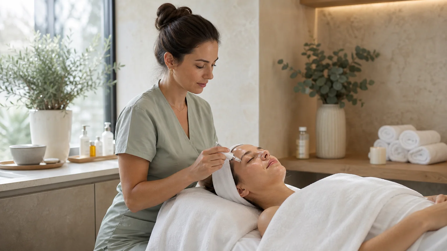 Praticienne réalisant un soin visage hydratant avec un booster