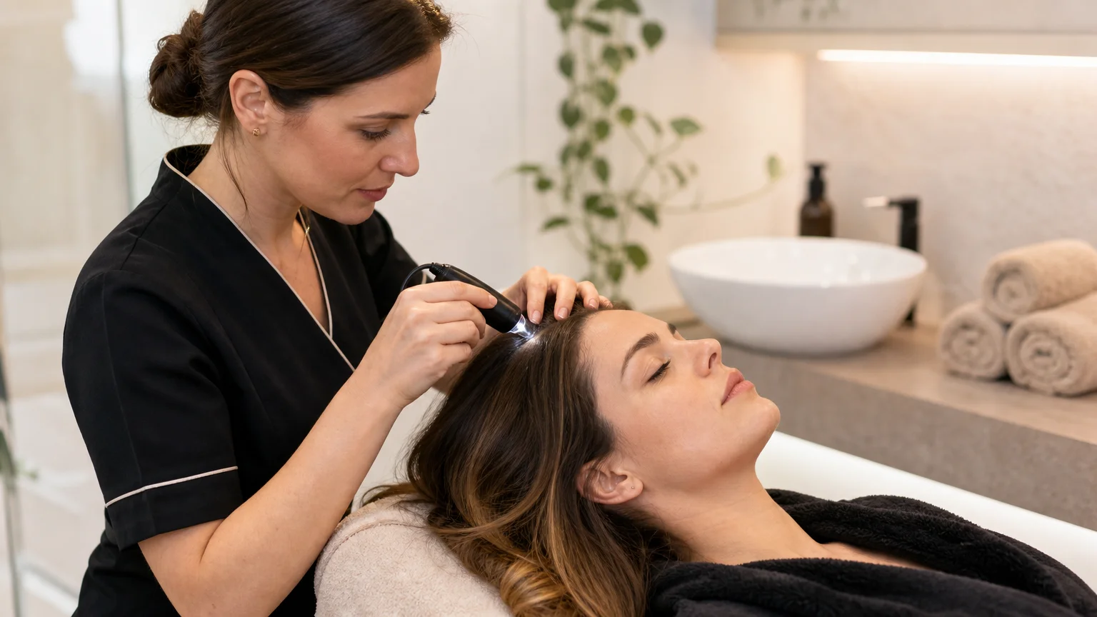 Diagnostic professionnel du cuir chevelu avant un Head Spa