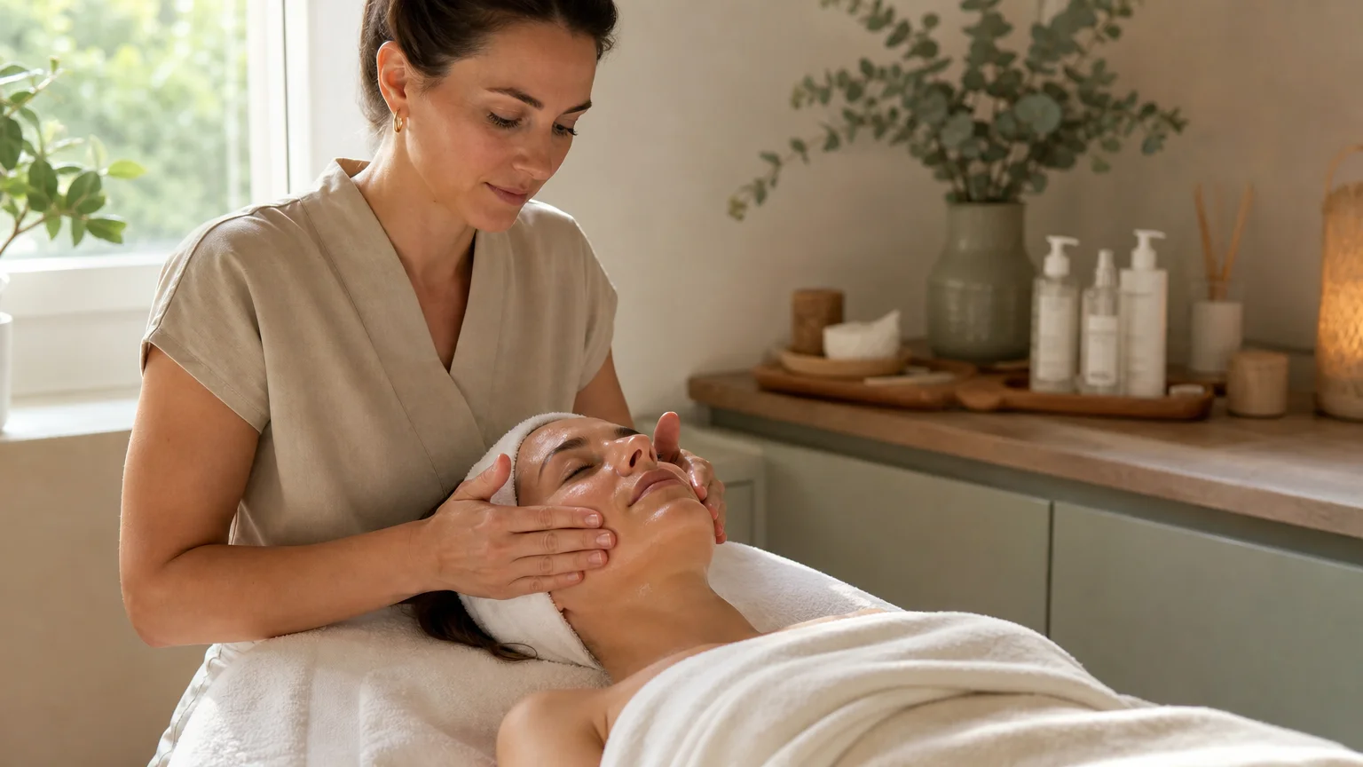 Praticienne réalisant un massage facial dans une cabine esthétique