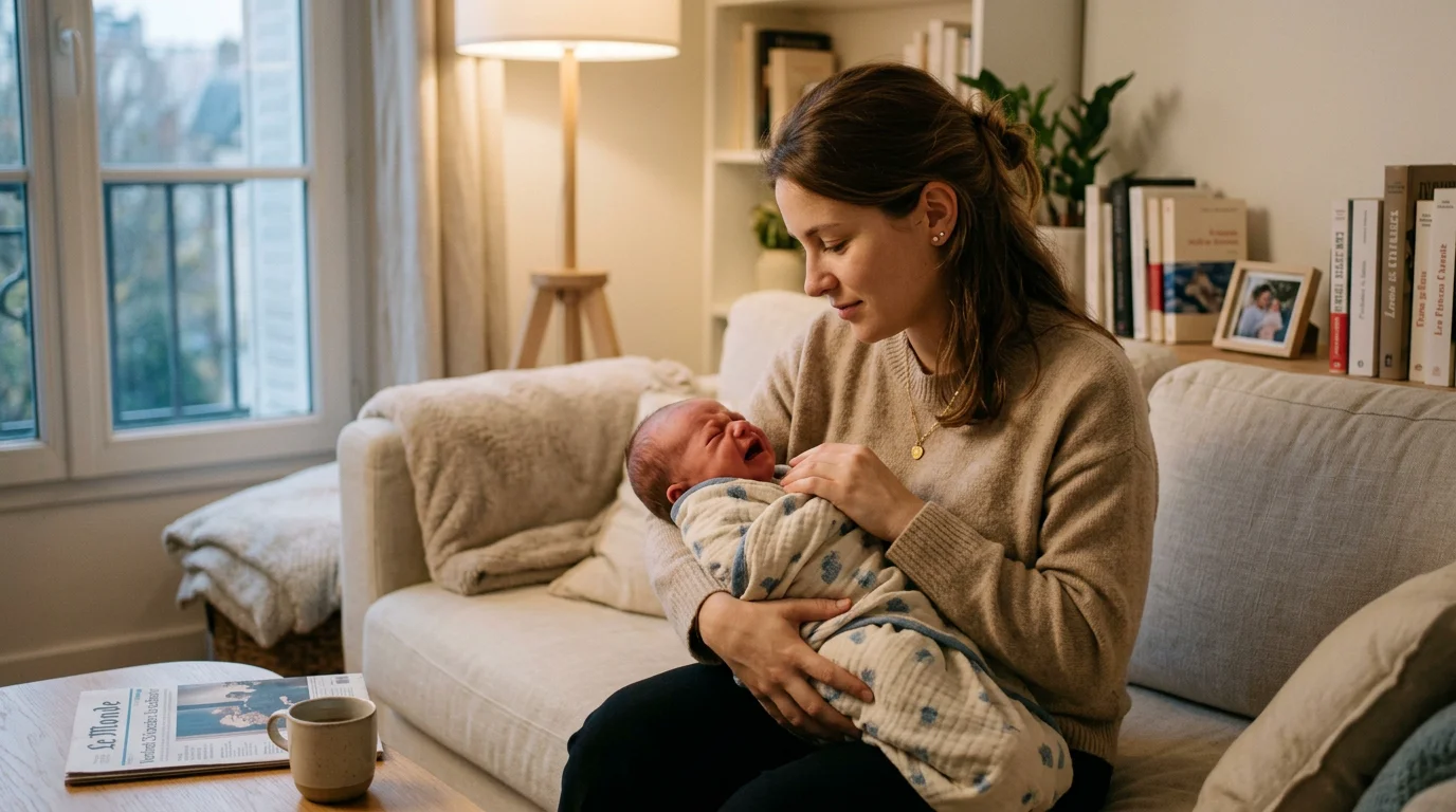 Parent apaisant un nourrisson en pleurs dans un salon en fin de journée
