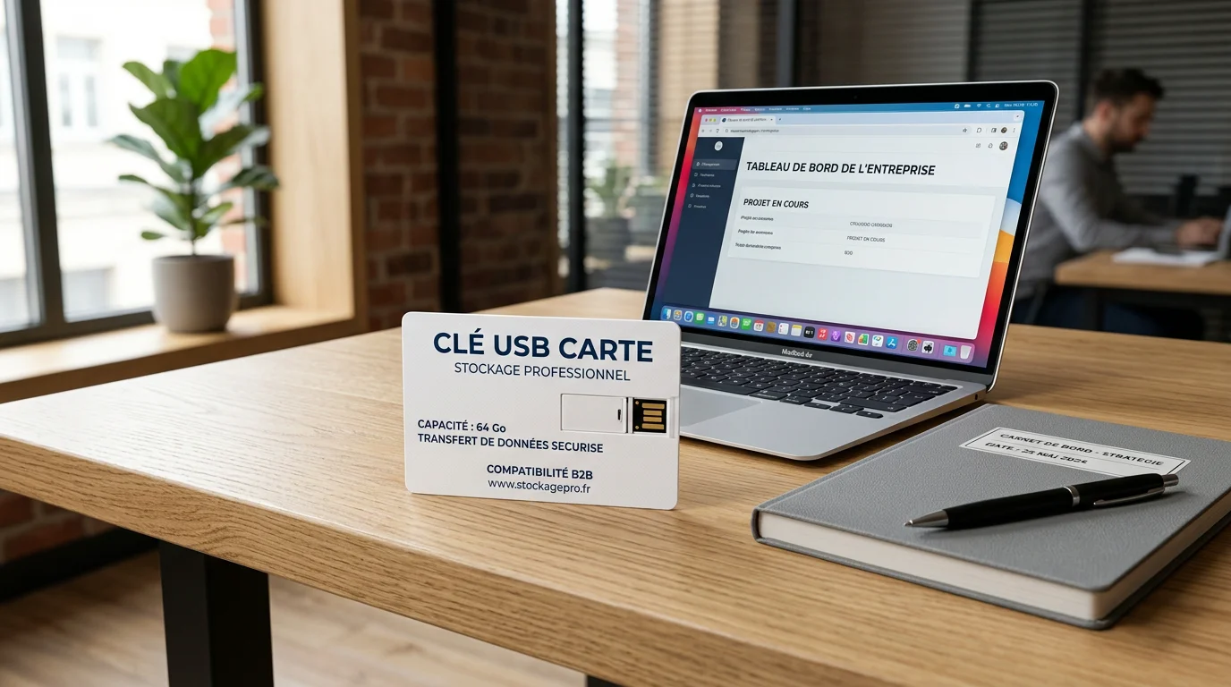Clé USB au format carte de crédit posée sur un bureau à côté d'un ordinateur portable