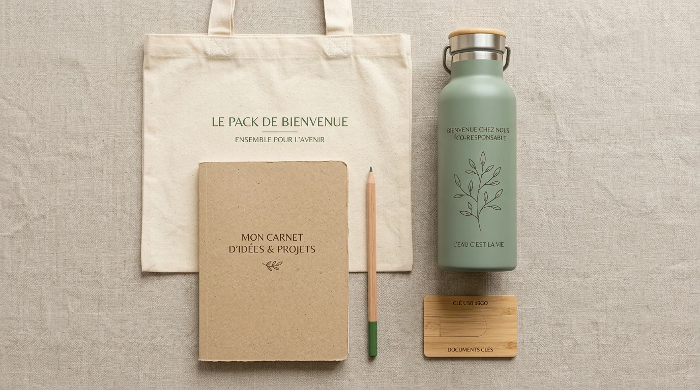 Welcome pack d'entreprise éco-responsable avec clé USB carte, carnet recyclé et gourde