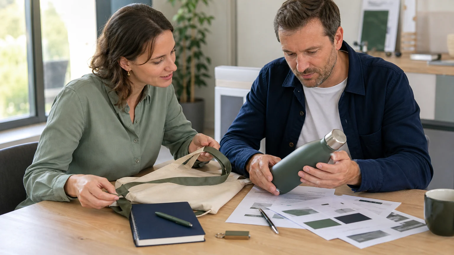 Professionnels vérifiant plusieurs échantillons d’objets publicitaires sur une table