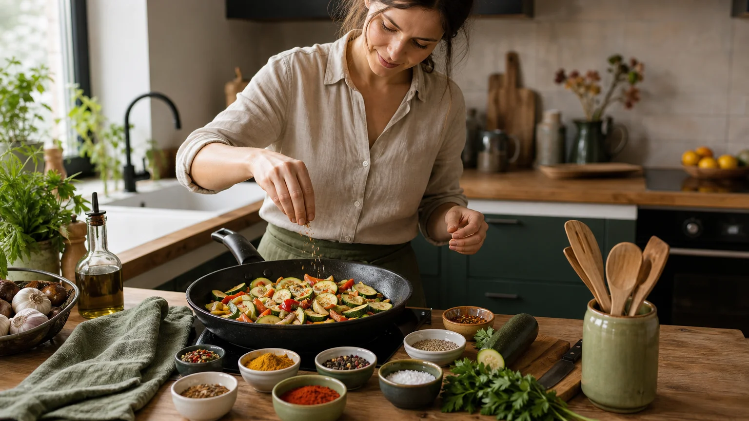Personne européenne préparant une poêlée de légumes avec des épices