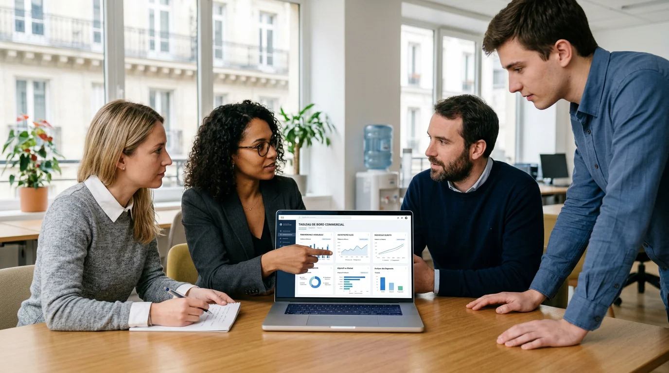 Équipe de consultants européens travaillant sur un tableau de bord SaaS dans un bureau moderne