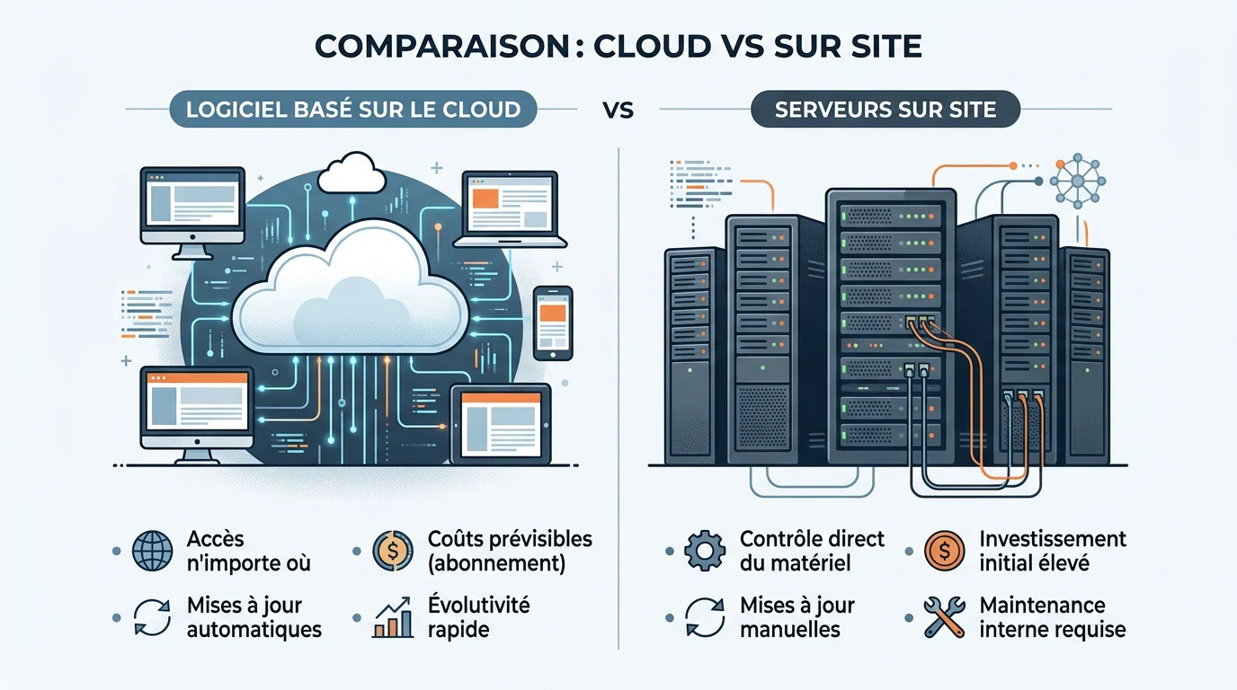 Comparaison visuelle entre un logiciel SaaS cloud et un logiciel on-premise