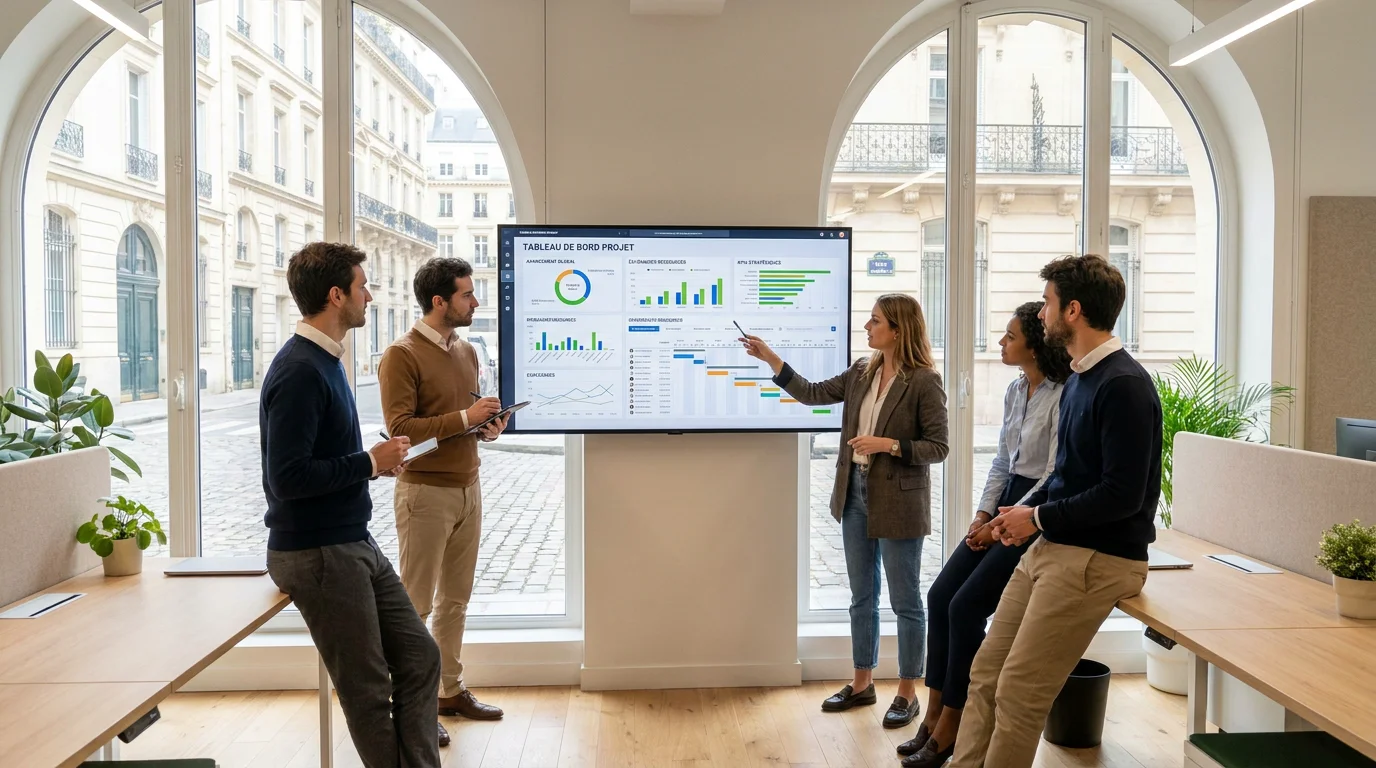 Équipe de consultants analysant un tableau de bord ERP dans un bureau moderne en France