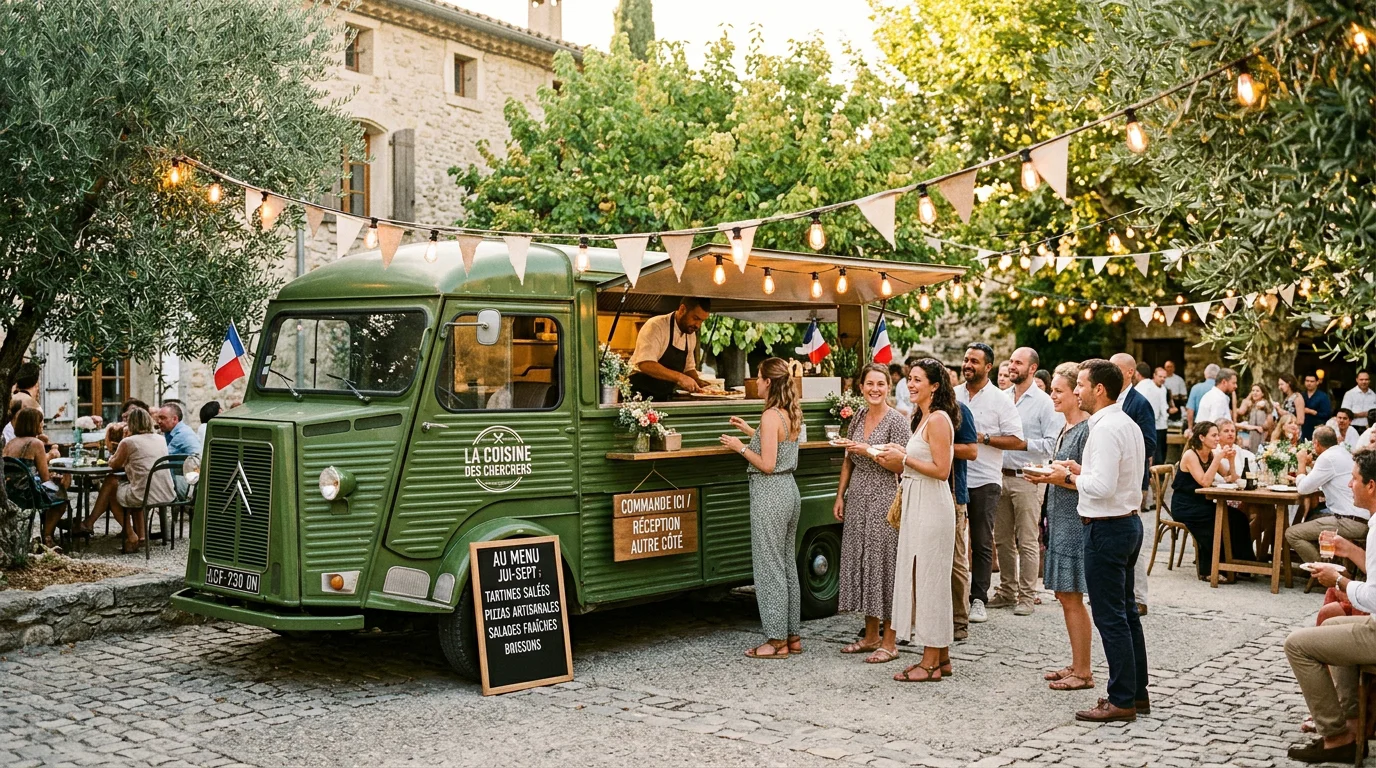 Food truck lors d'une réception en plein air en Provence au coucher du soleil