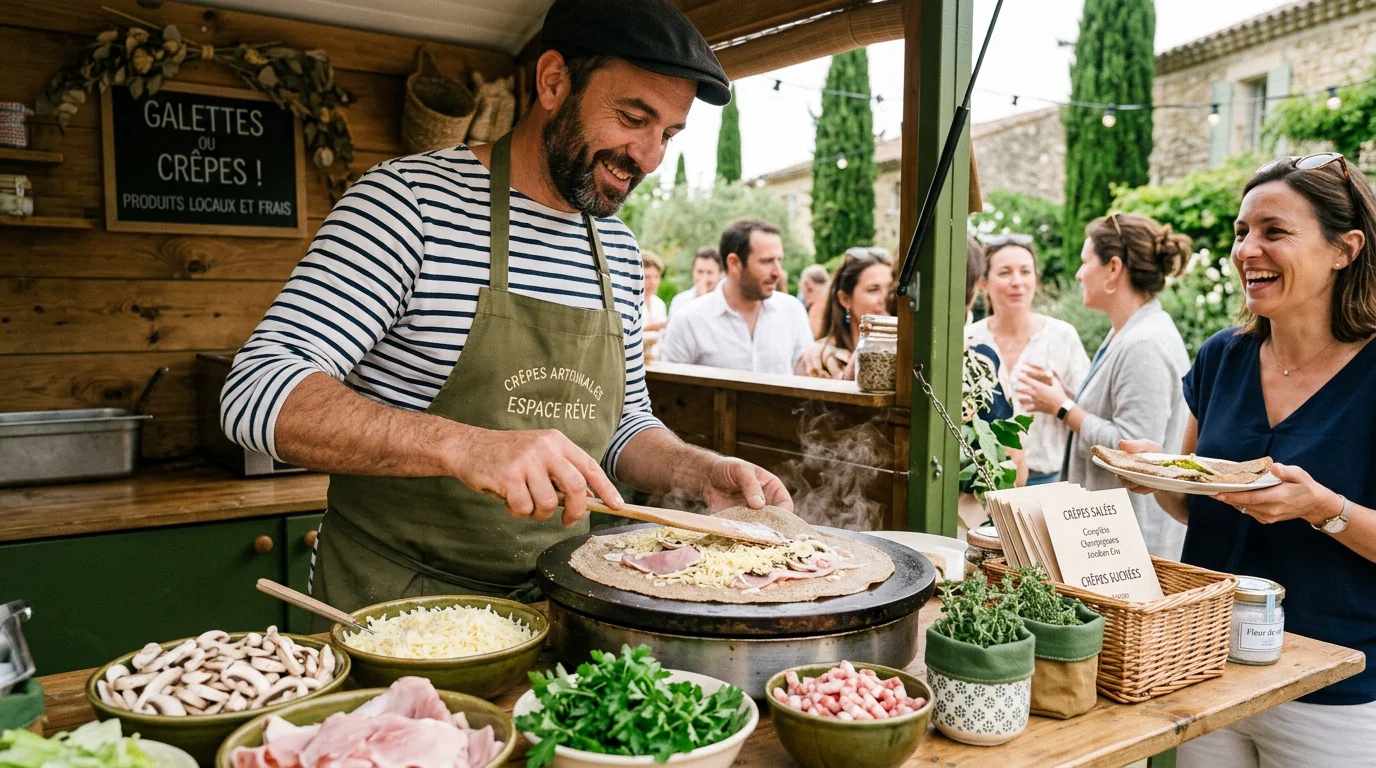 Préparation de galettes de sarrasin sur un bar à crêpes lors d'un événement en Provence