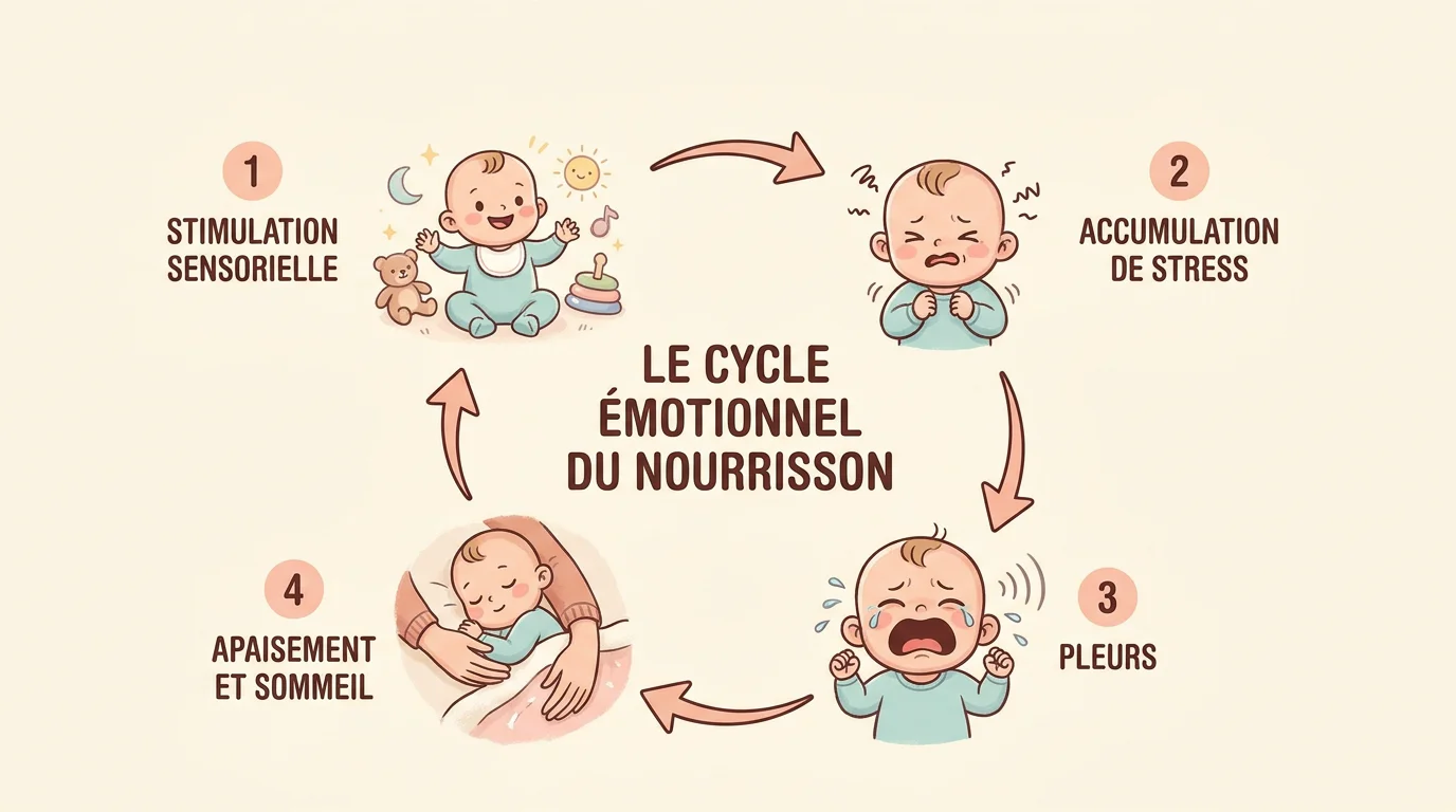 Schéma éducatif du cycle émotionnel du nourrisson menant aux pleurs de décharge